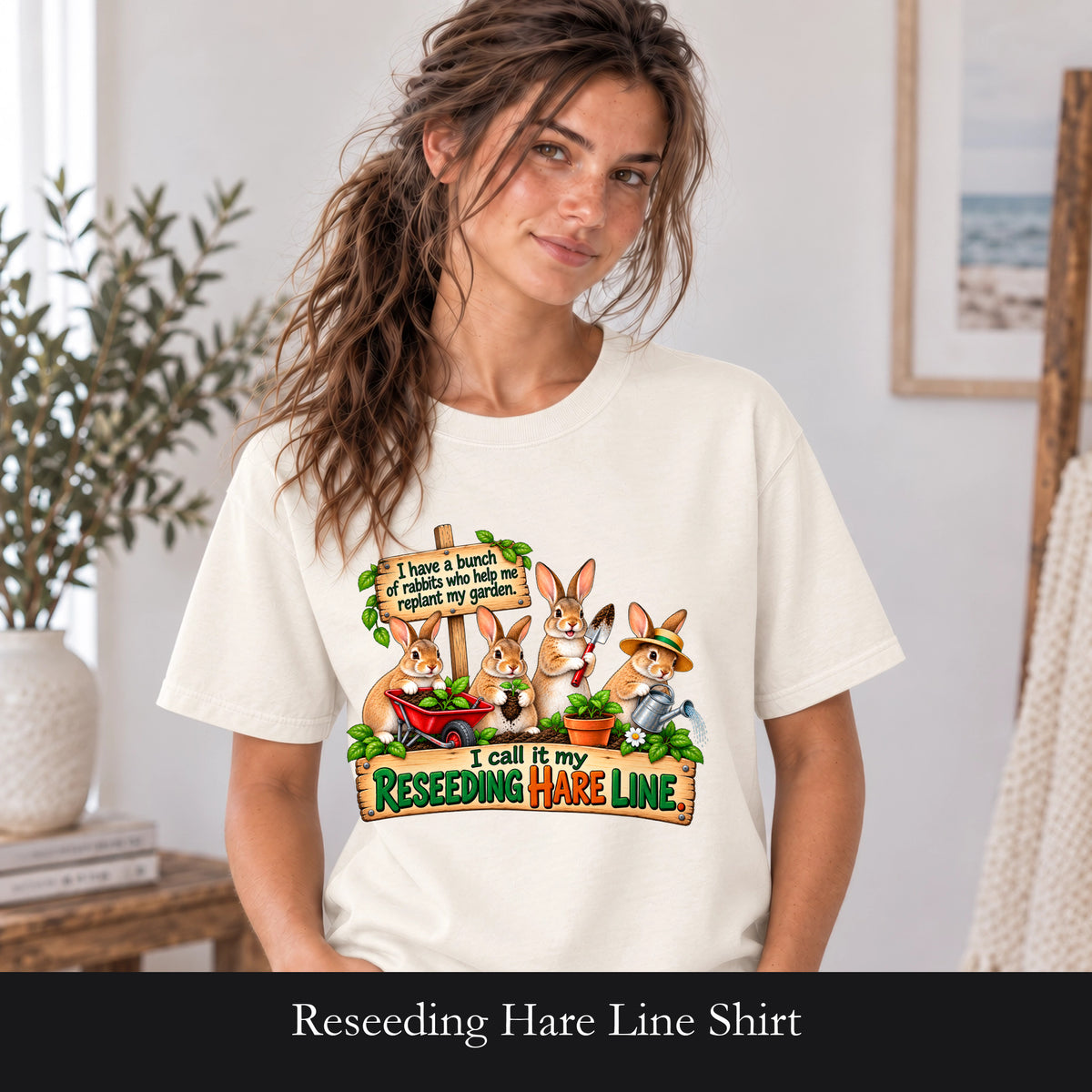 Reseeding Hare Line Shirt | Gardening Pun Bunny Cartoon