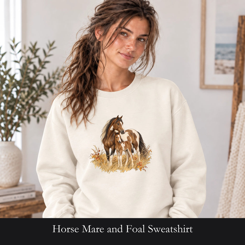 Horse Mare and Foal Sweatshirt | Rustic Autumn Prairie Artwork