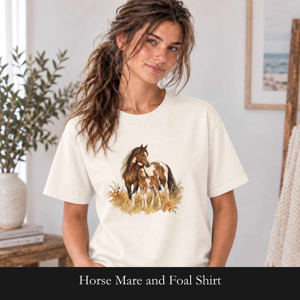 Horse Mare and Foal Shirt | Rustic Autumn Prairie Artwork