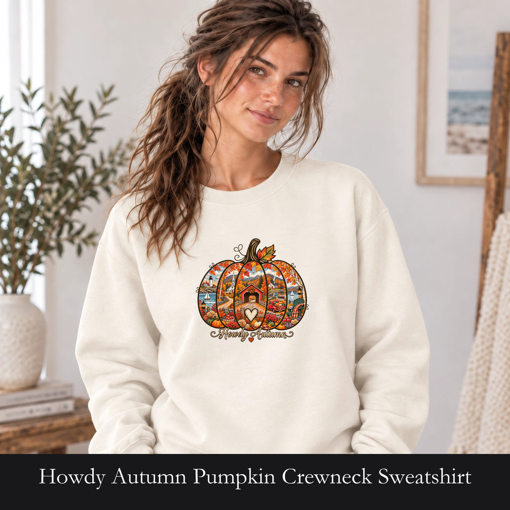 Howdy Autumn Pumpkin Crewneck Sweatshirt | Fall Patchwork Pumpkin Design, Vintage design