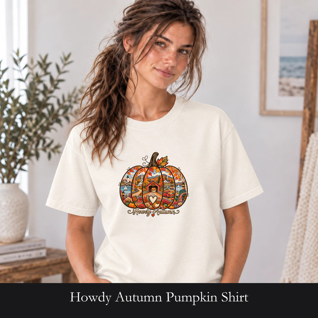 Howdy Autumn Pumpkin Shirt | Fall Patchwork Pumpkin Design, Vintage design