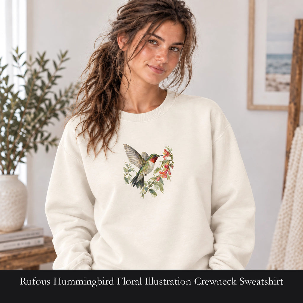 Rufous Hummingbird Floral Illustration Crewneck Sweatshirt | Bird Nature Tee