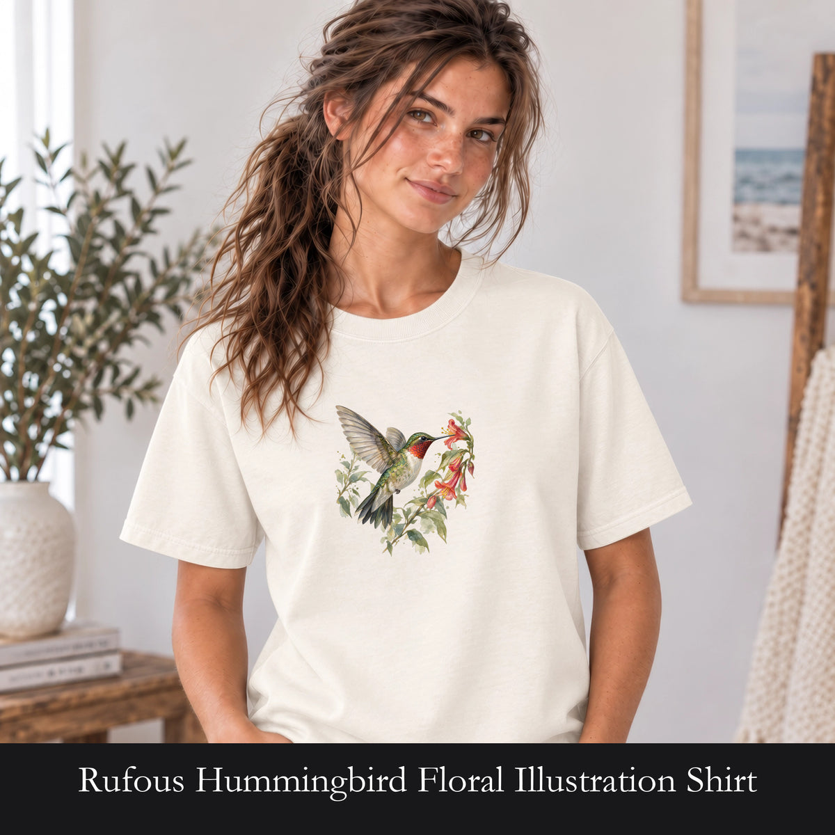 Rufous Hummingbird Floral Illustration Shirt | Bird Nature Tee
