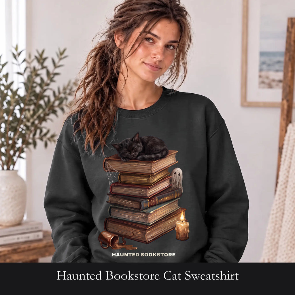 Haunted Bookstore Cat Sweatshirt, Bookish Halloween Crewneck, Dark Academia Ghost Sweatshirt, Book Lover Spooky Season Gift