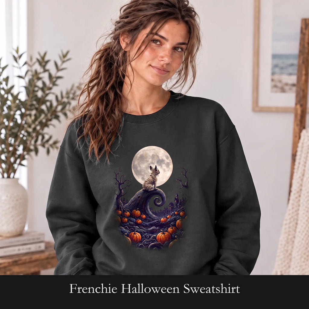 Frenchie Halloween Sweatshirt, French Bulldog Pumpkin Moon Crewneck, Spooky Village Fall Sweatshirt, Frenchie Mom Halloween Gift