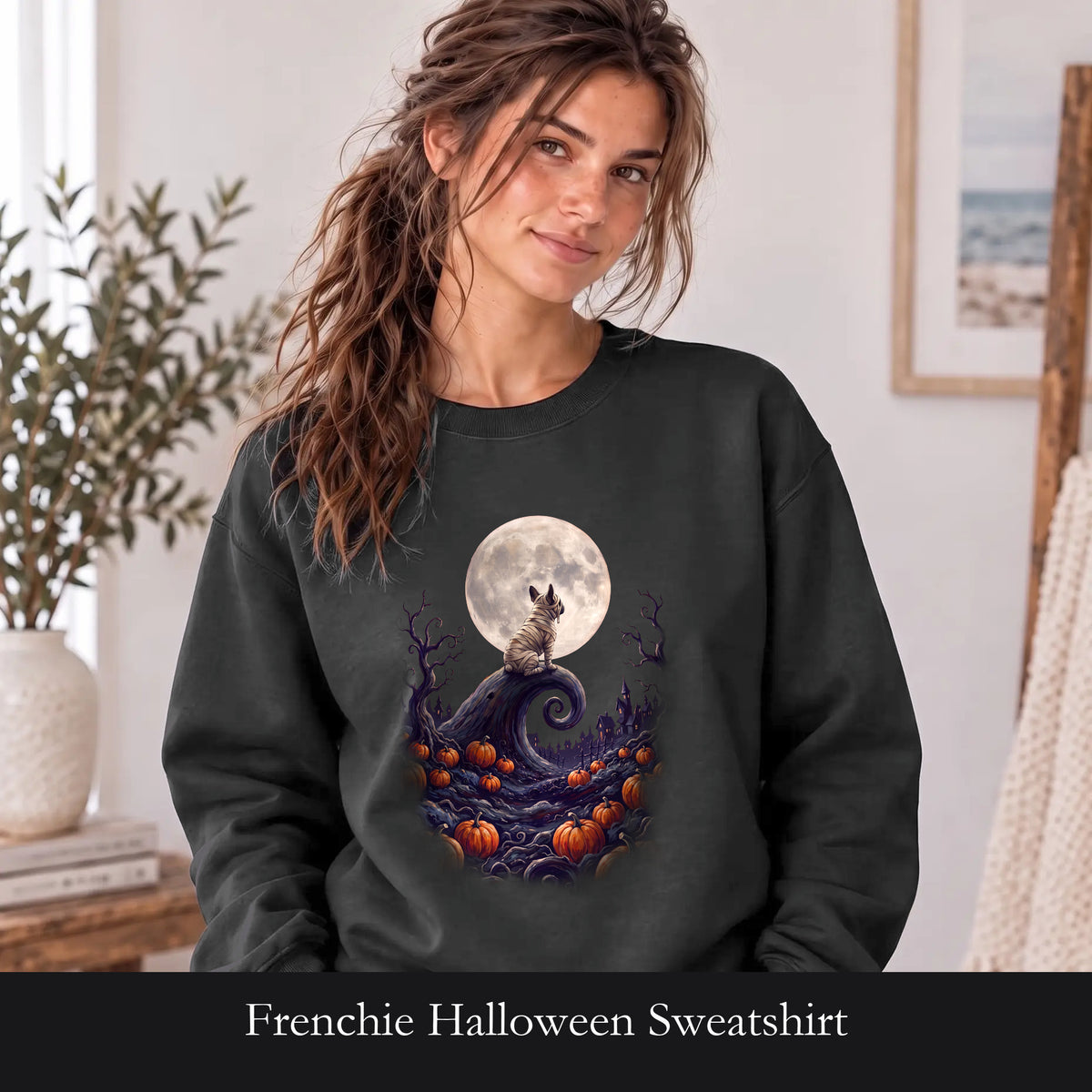 Frenchie Halloween Sweatshirt, French Bulldog Pumpkin Moon Crewneck, Spooky Village Fall Sweatshirt, Frenchie Mom Halloween Gift