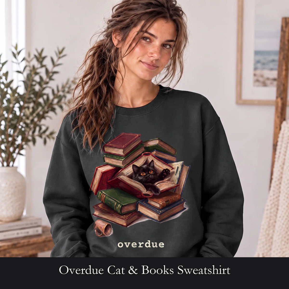 Overdue Cat & Books Sweatshirt, Funny Librarian Crewneck, Bookworm Book Lover Sweatshirt, Library Staff Reader Gift