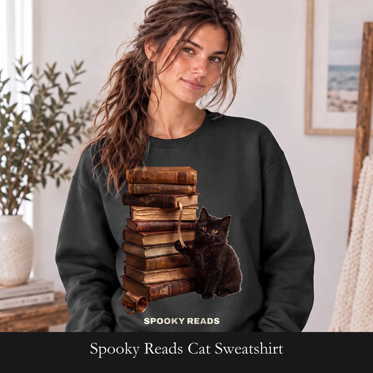 Spooky Reads Cat Sweatshirt, TBR Halloween Book Crewneck, Bookish Spooky Season Sweatshirt, Book Lover Black Cat Gift