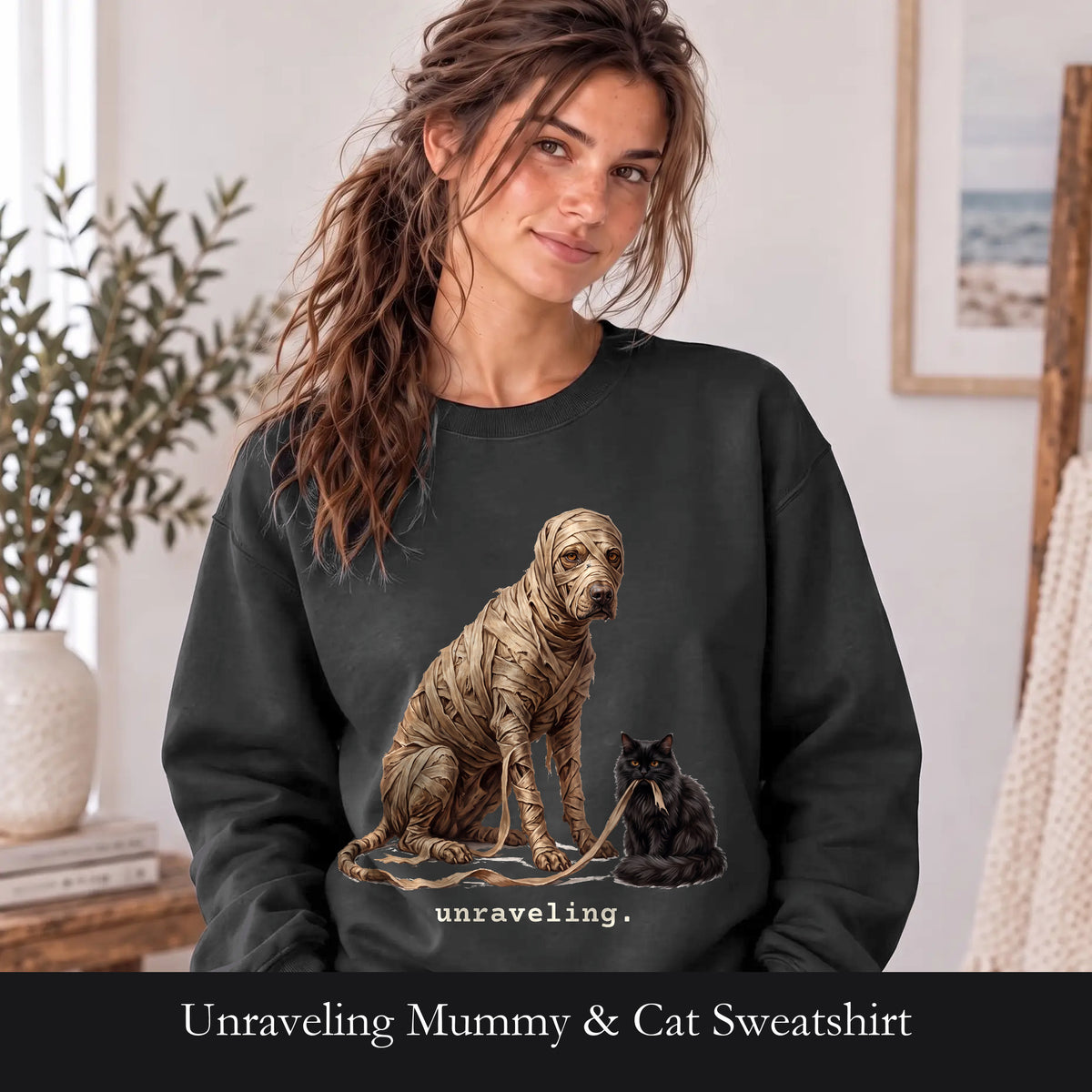 Unraveling Mummy & Cat Sweatshirt, Funny Halloween Mummy Crewneck, Cozy Deadpan Spooky Sweatshirt, Black Cat Lover Gift