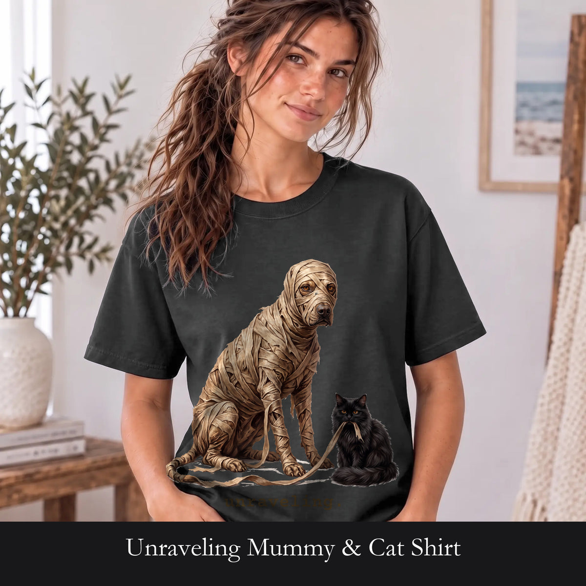 Unraveling Mummy & Cat Shirt, Funny Halloween Mummy Tee, Cozy Deadpan Spooky Tee, Black Cat Lover Gift