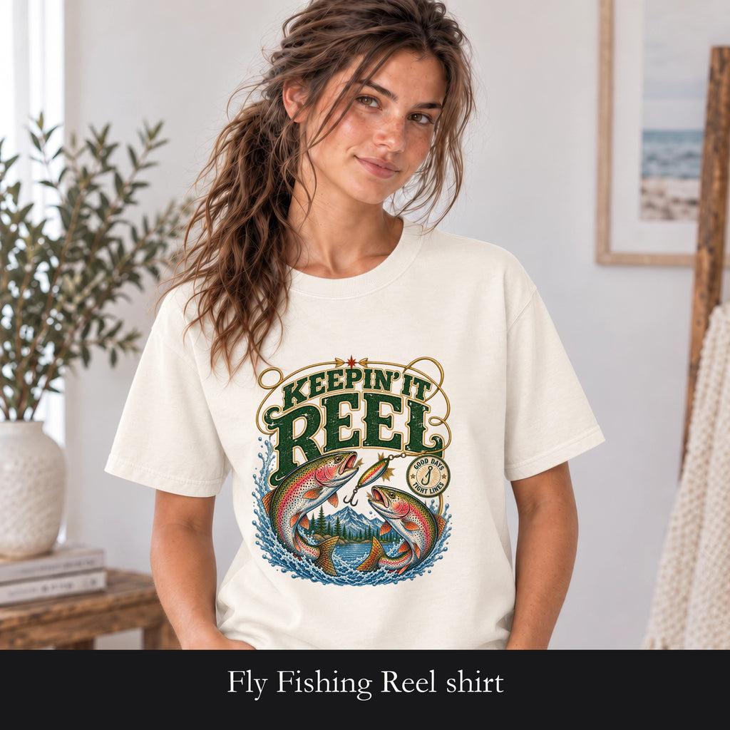 Fly Fishing Reel shirt | Trout Graphic | River Scene, Fly Fishing