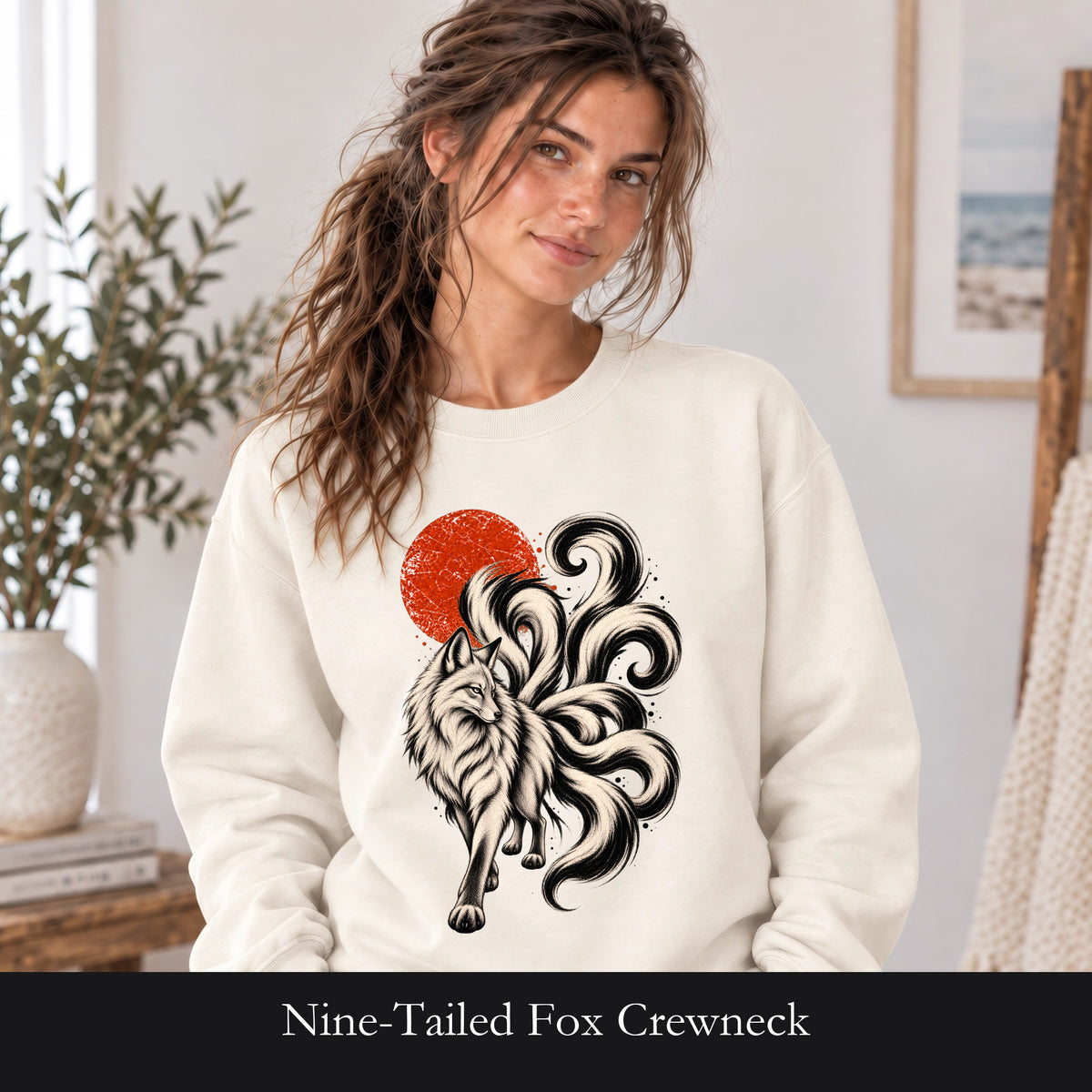 Nine-Tailed Fox Crewneck | Kitsune Fox Illustration, Red Sun, Minimalist design, Woodblock Print Design