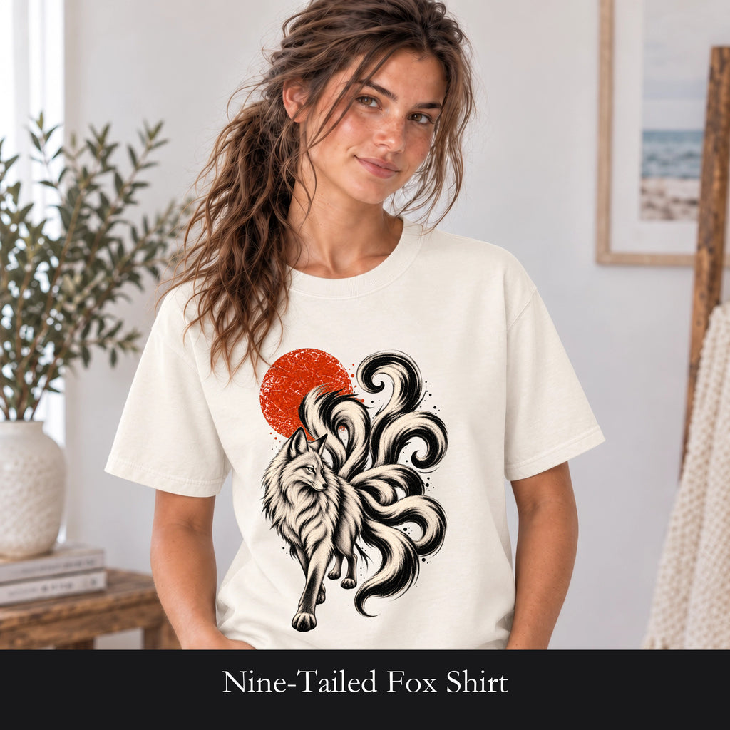 Nine-Tailed Fox Shirt, Kitsune Red Sun Tee, Japanese Folklore T-Shirt, Mythical Fox Spirit Top