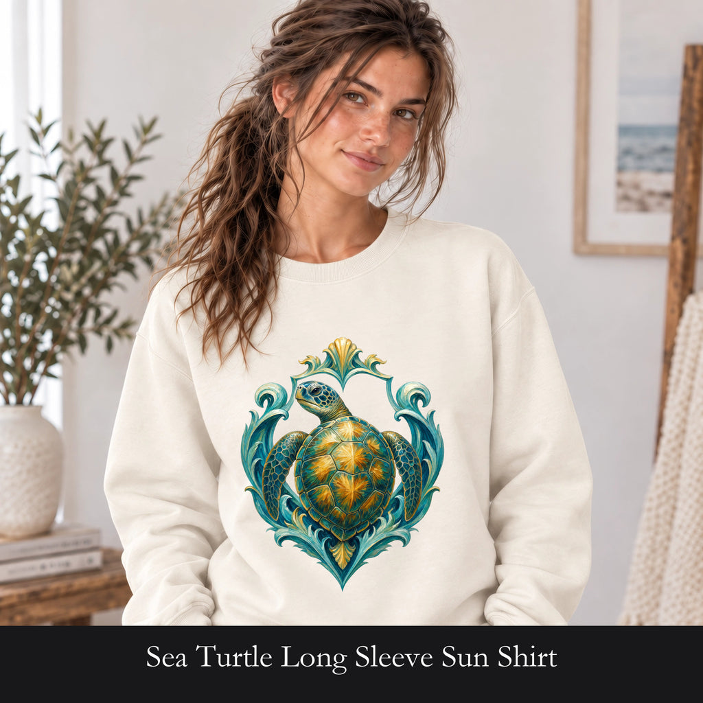 Sea Turtle Long Sleeve Sun Shirt, Painterly Turtle Crest Swim Tee, Beach Ocean Lover Gift, Coastal Swim Sweatshirt