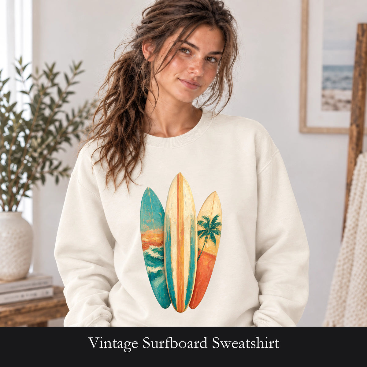Vintage Surfboard Sweatshirt, Painterly Surf Art Crewneck, Beach Coastal Surfer Gift, Summer Ocean Pullover