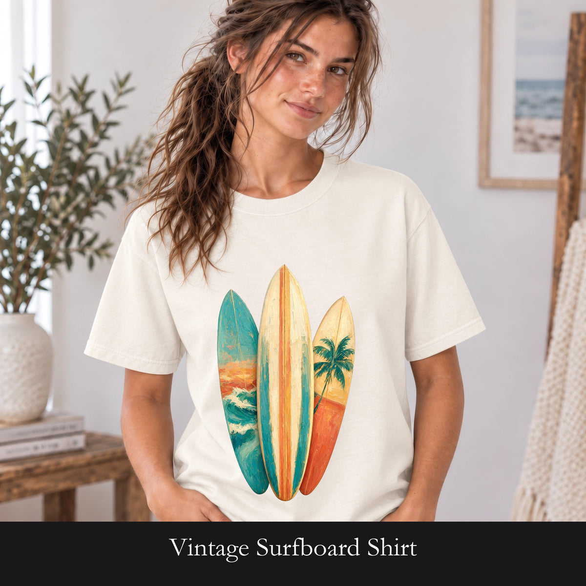 Vintage Surfboard Shirt, Painterly Surf Art Tee, Beach Coastal Surfer Gift, Summer Ocean T-Shirt