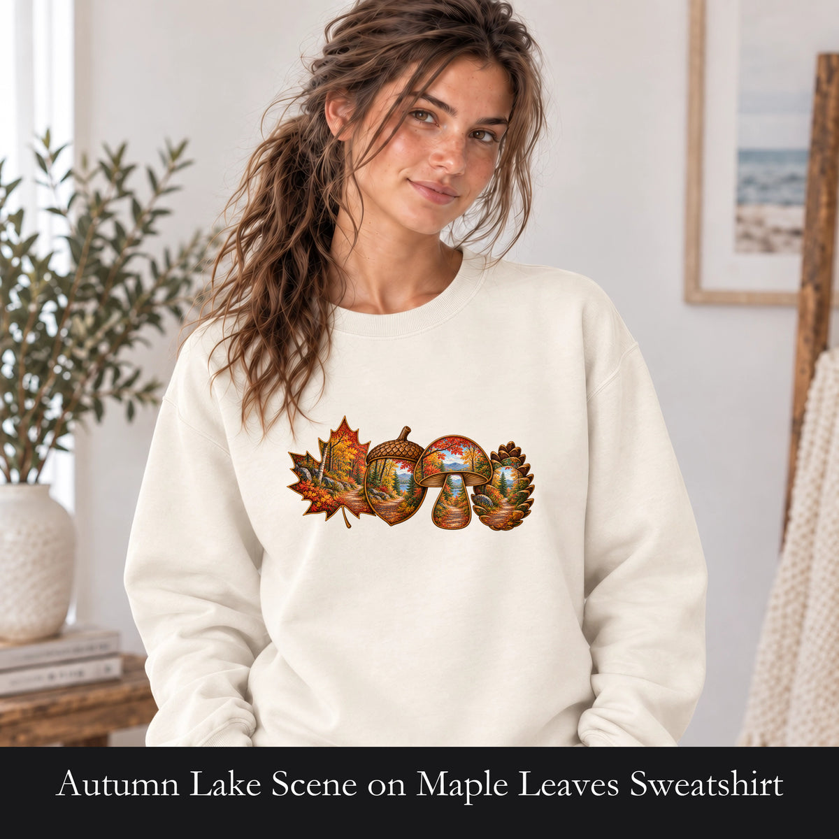 Autumn Lake Scene on Maple Leaves Sweatshirt | Fall Landscape Crewneck