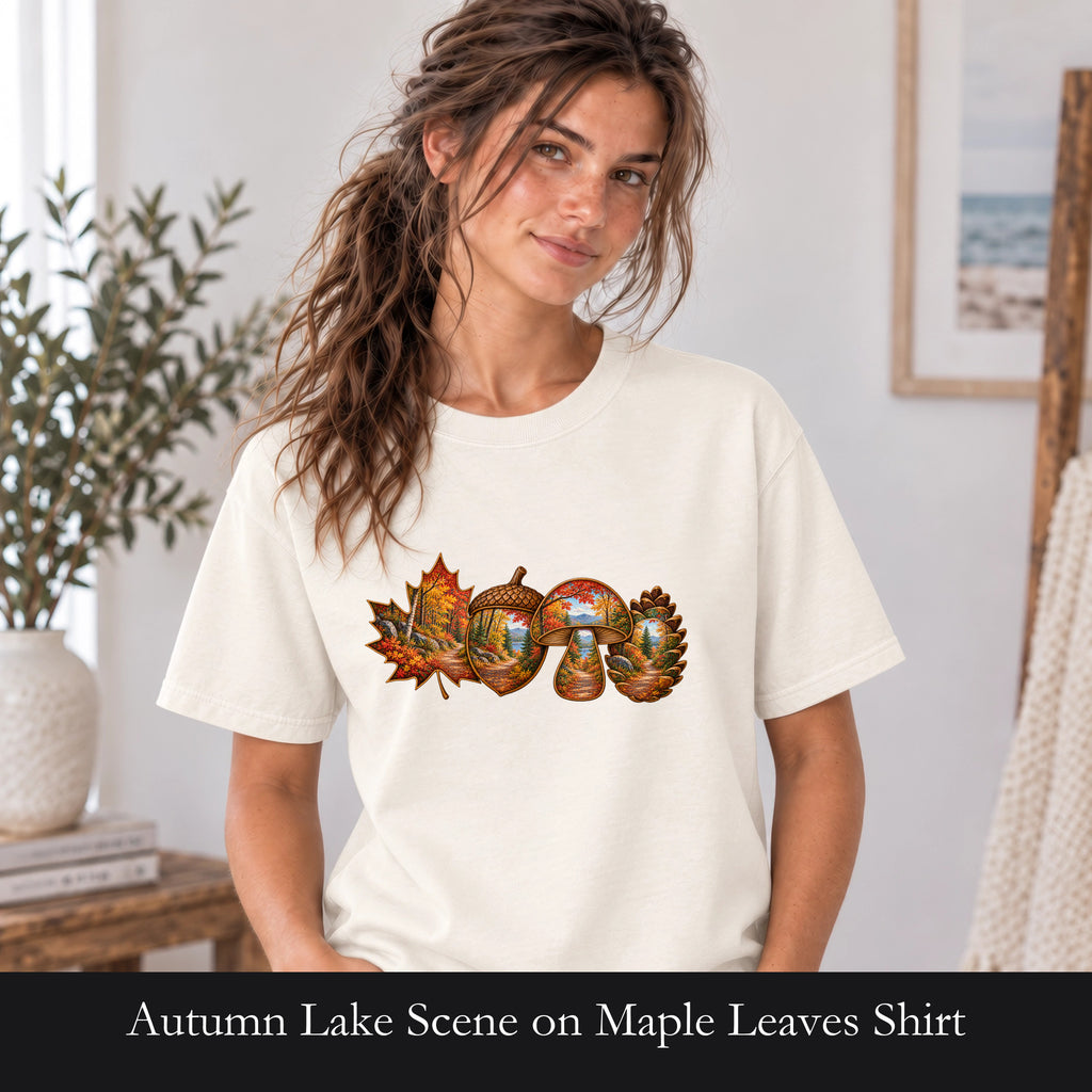Autumn Lake Scene on Maple Leaves Shirt | Fall Landscape Tee