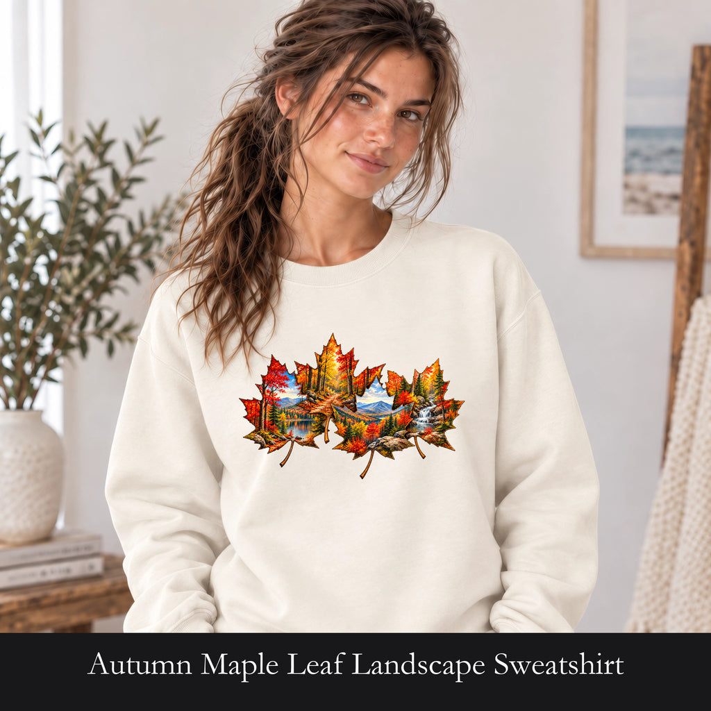 Autumn Maple Leaf Landscape Sweatshirt | Fall Forest Lake Scene