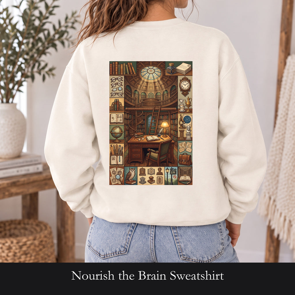 Nourish the Brain Sweatshirt, Vintage Library Poster Crewneck, Dark Academia Book Lover Sweatshirt, Librarian Reader Gift