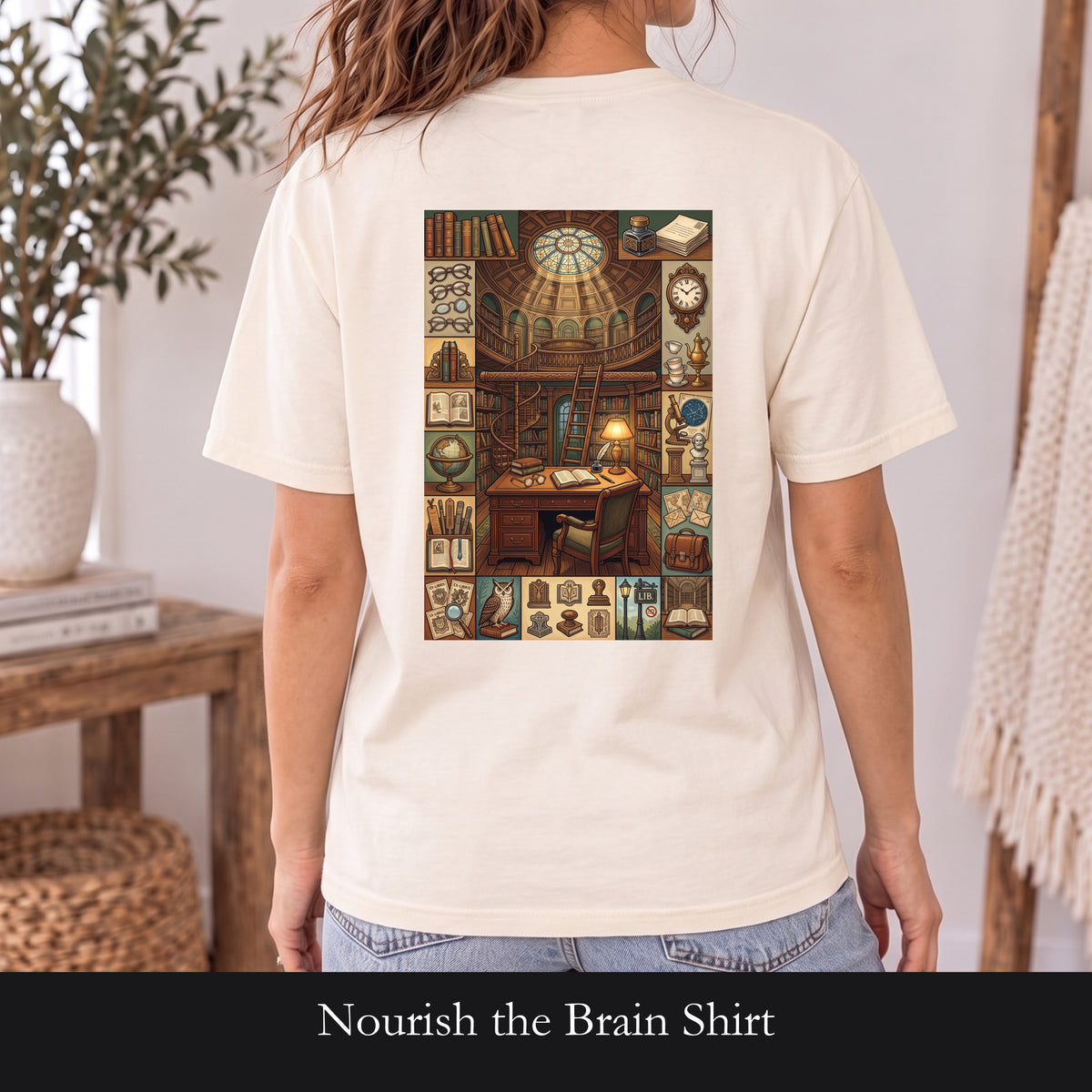 Nourish the Brain Shirt, Vintage Library Poster Tee, Dark Academia Book Lover Tee, Librarian Reader Gift