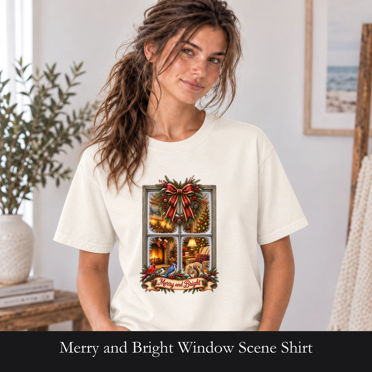 Merry and Bright Window Scene Shirt | Christmas Bow, Wreath, Candlelights