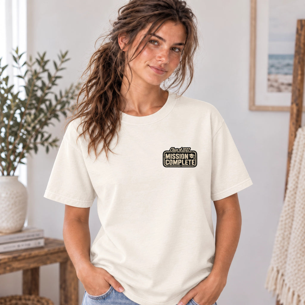 Mission Complete Graphic Shirt | Class of 2027 | Faux Embroidery