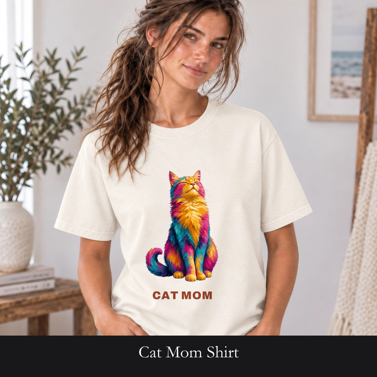 Cat Mom Shirt, Vibrant Painterly Cat Tee, Bold Cat Lover Gift, Colorful Cat Owner Sweatshirt
