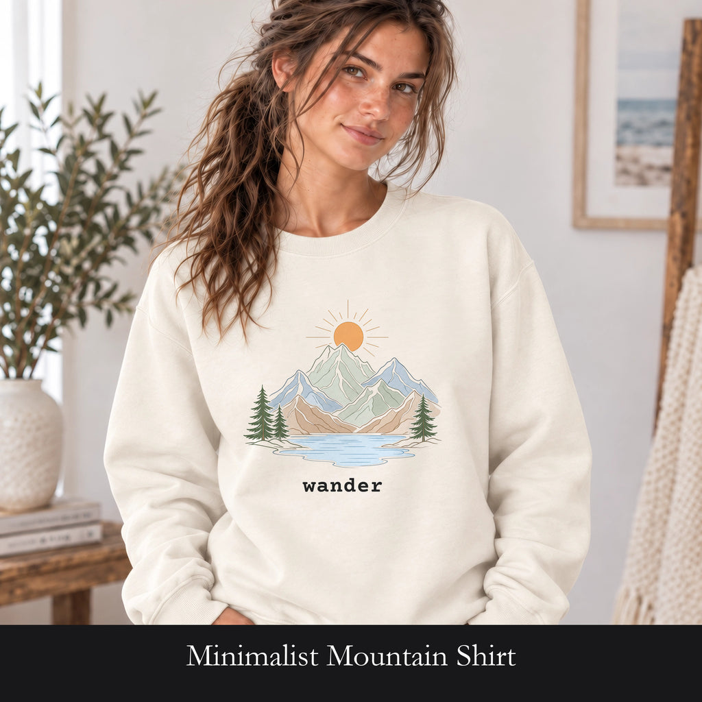 Minimalist Mountain Shirt, Wander Line Art Tee, Nature Hiking Adventure Gift, Modern Outdoor Sweatshirt