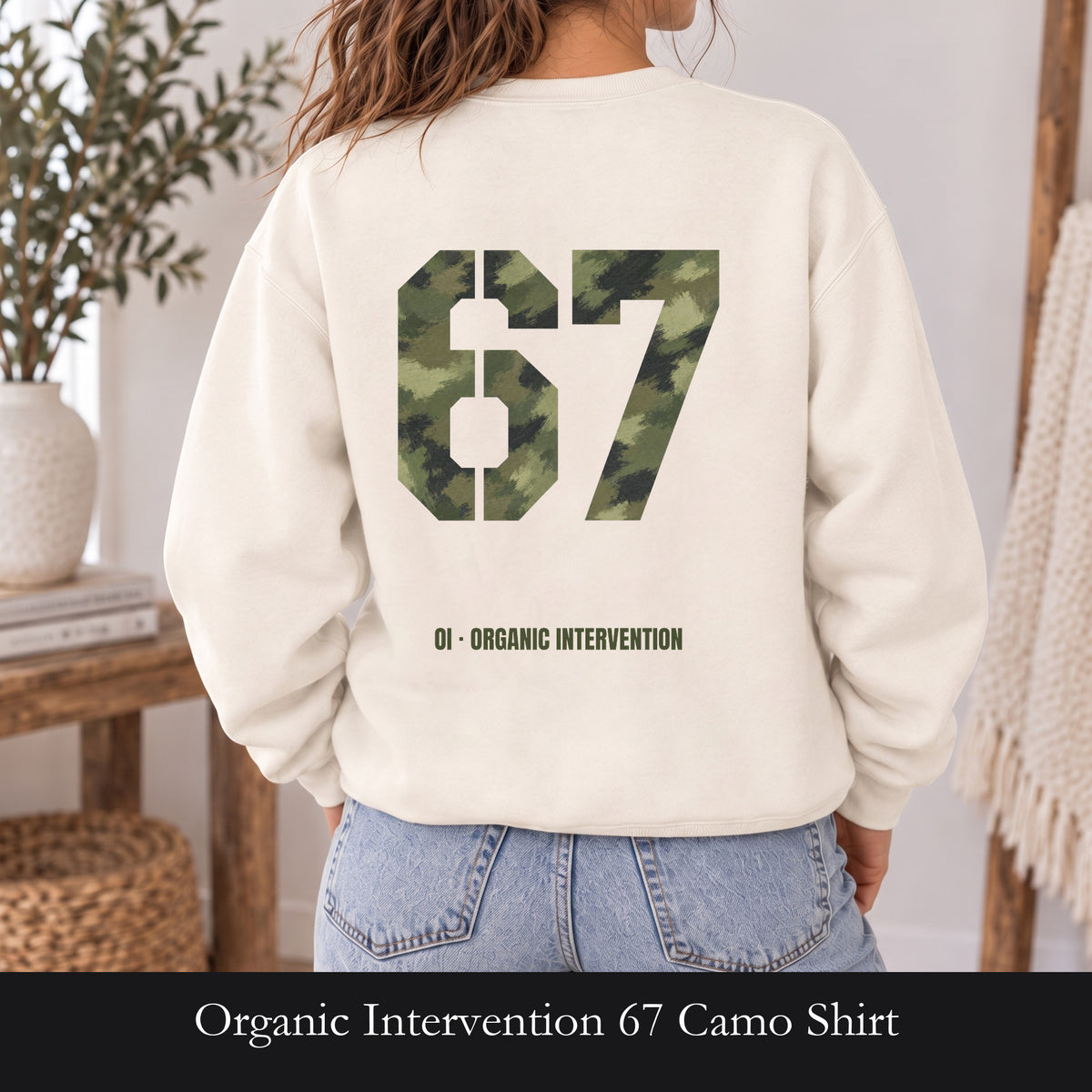 Organic Intervention 67 Camo Shirt, OI Military Number Tee, Streetwear Camo Graphic Gift, Bold Statement Sweatshirt