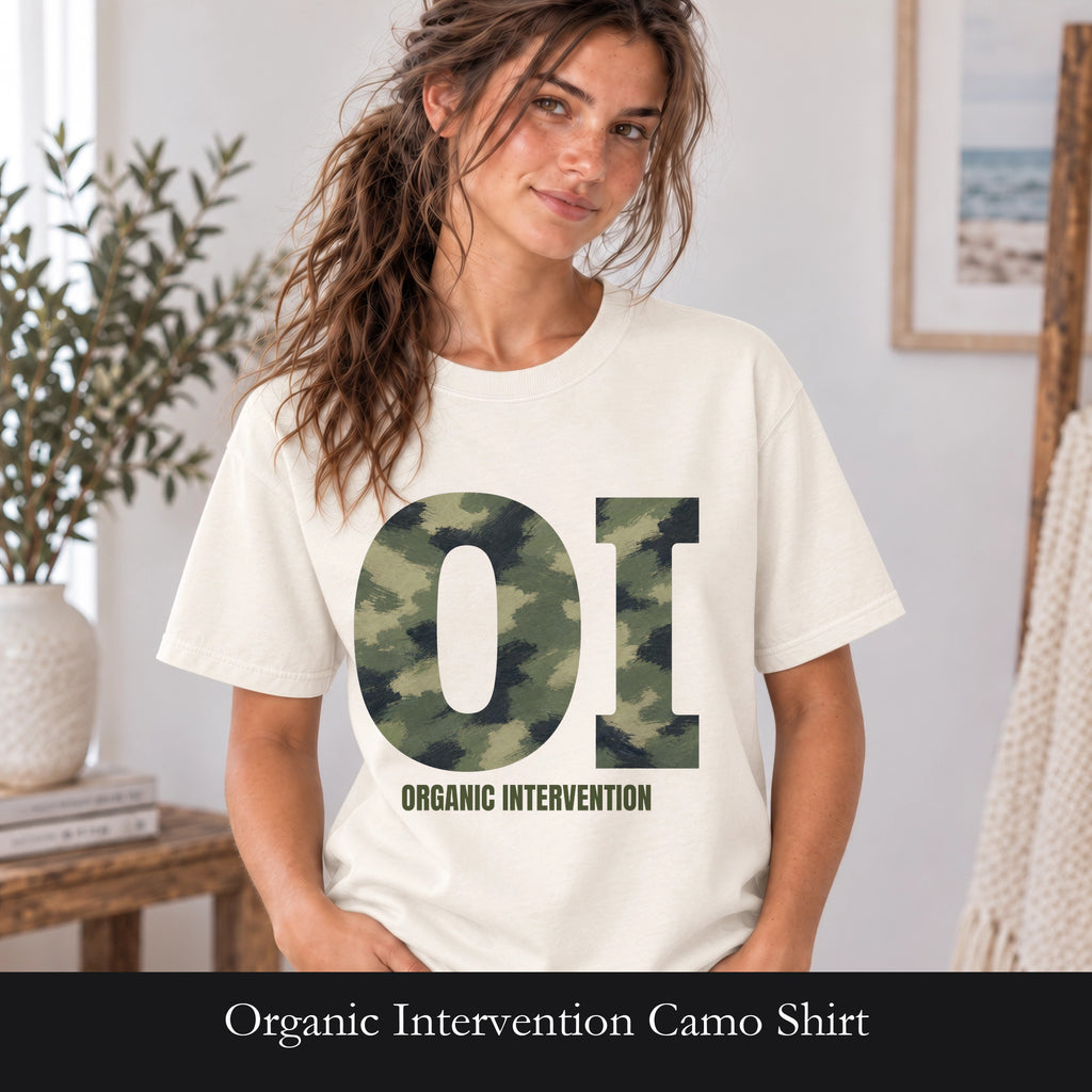 Organic Intervention Camo Shirt, OI Monogram Anti-Algorithm Tee, Streetwear Camo Graphic Gift, Bold Statement Sweatshirt