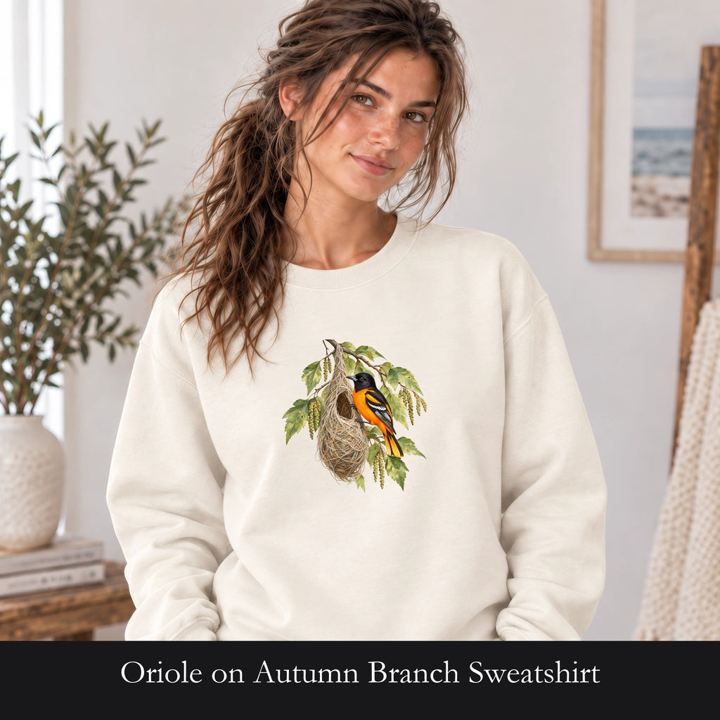 Oriole on Autumn Branch Sweatshirt | Fall Bird Illustration