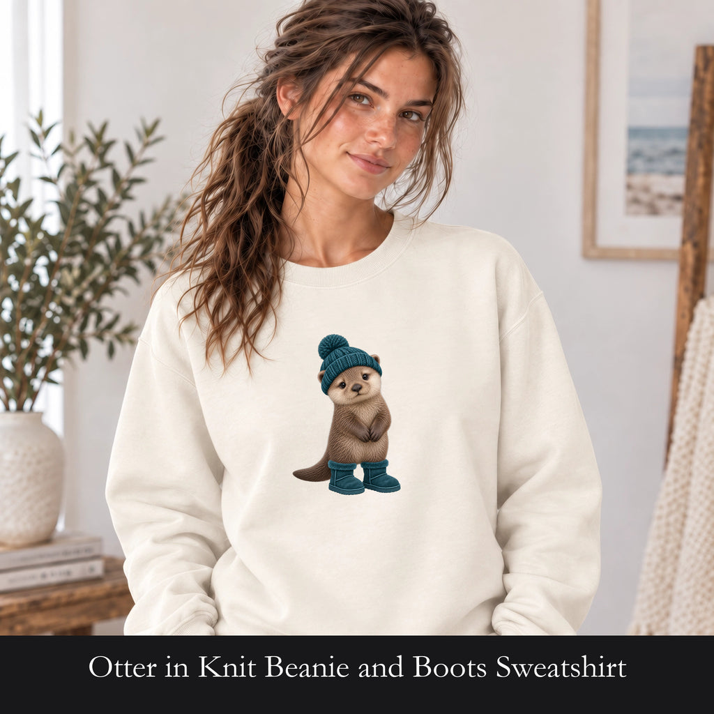 Otter in Knit Beanie and Boots Sweatshirt | Cute Winter Animal Crewneck