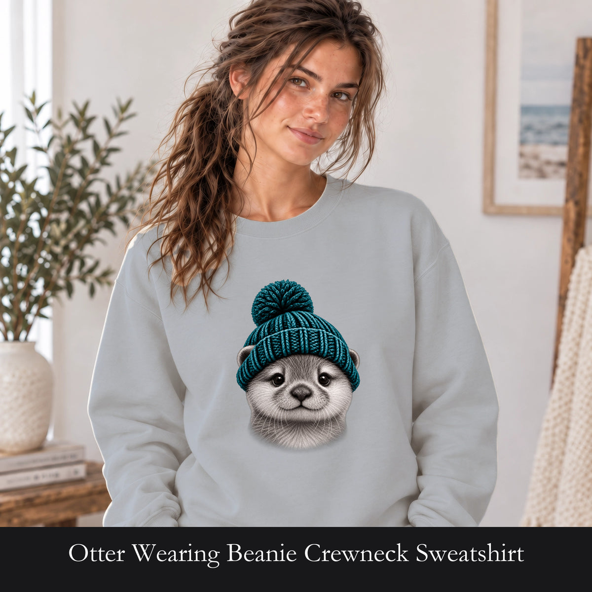 Otter Wearing Beanie Crewneck Sweatshirt | Cute Animal Illustration