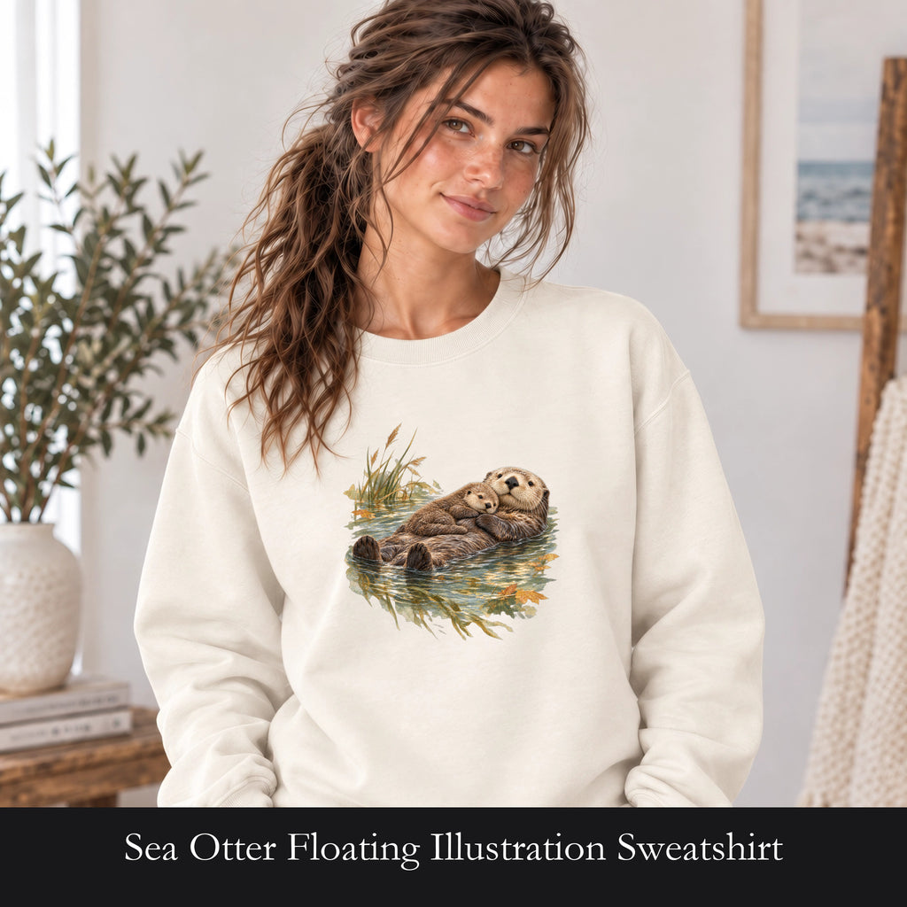 Sea Otter Floating Illustration Sweatshirt | Relaxing Wildlife Art