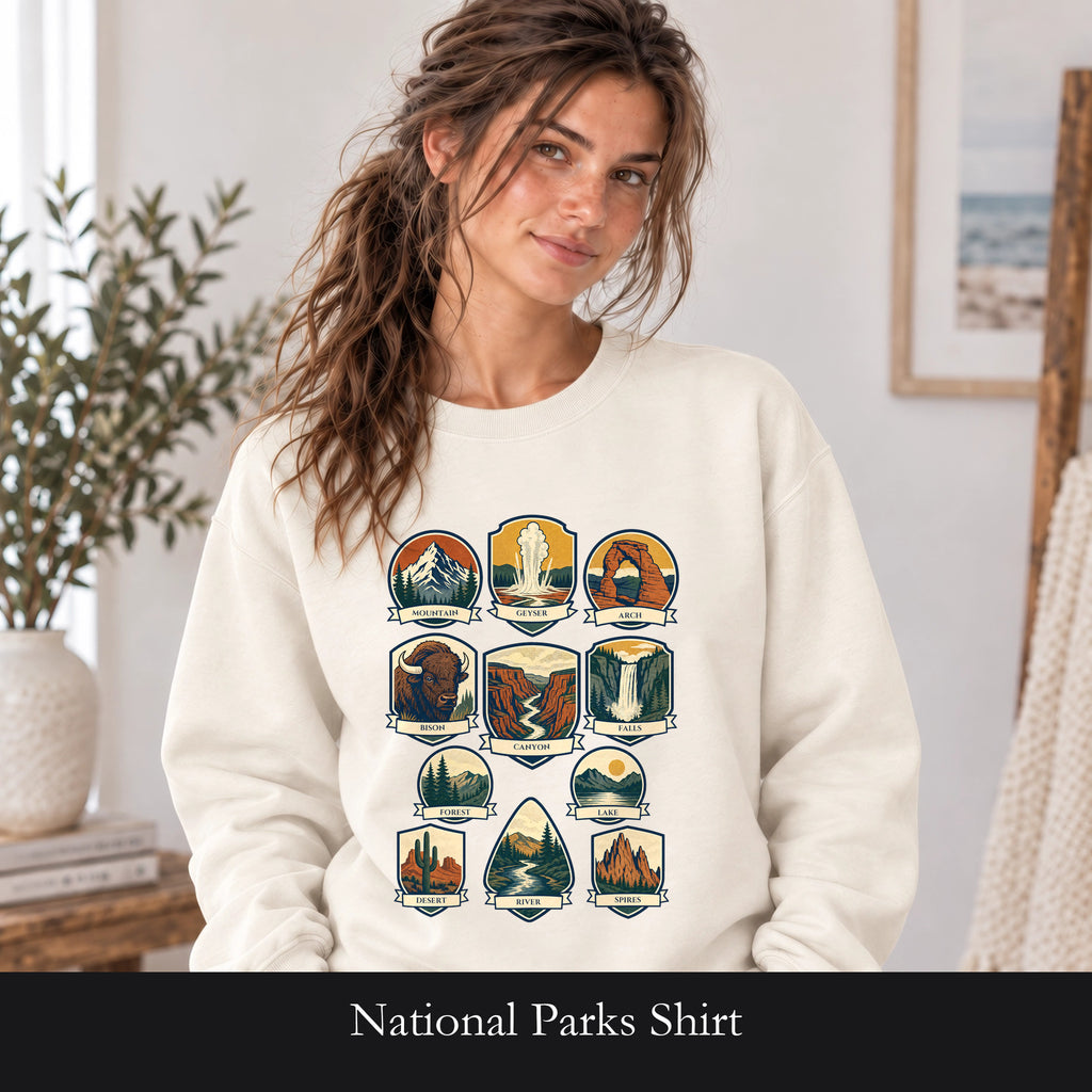 National Parks Shirt, 63 National Parks Badge Tee, Hiking Camping Gift, Retro Adventure Sweatshirt, Outdoor Nature Lover