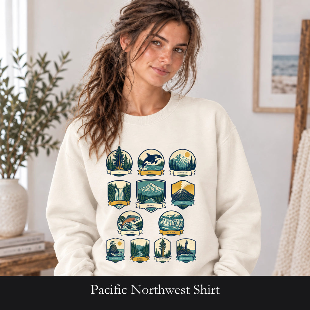 Pacific Northwest Shirt, PNW National Parks Badge Tee, Hiking Camping Gift, Retro Outdoor Adventure Sweatshirt