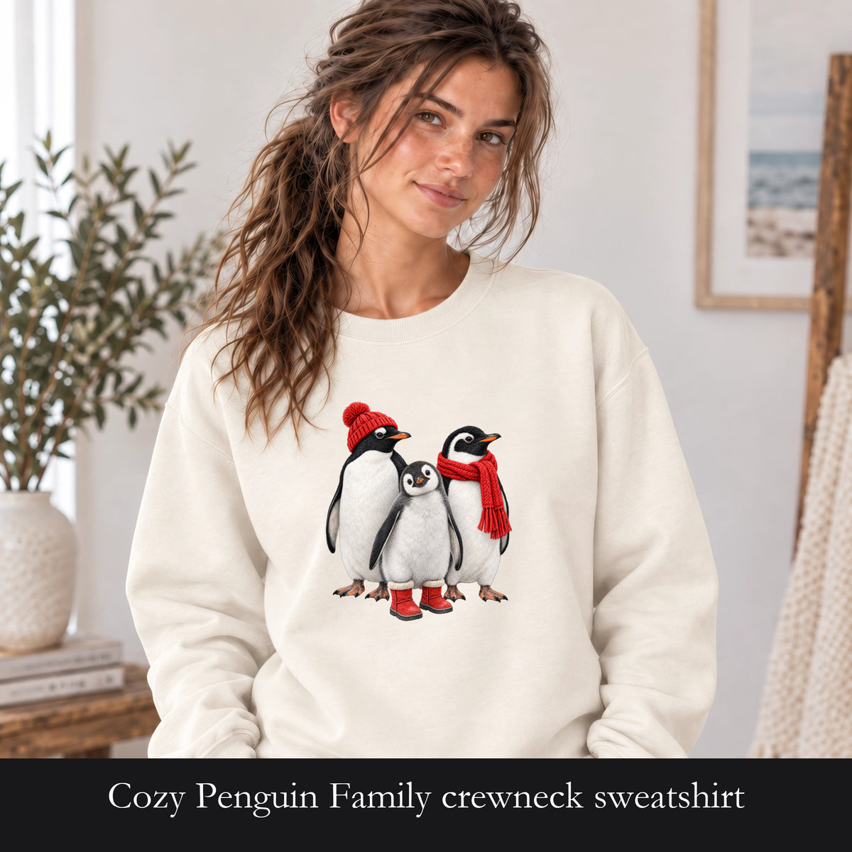 Cozy Penguin Family crewneck sweatshirt | penguin trio with hats and scarf