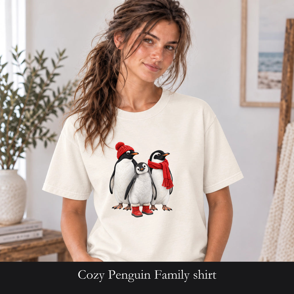 Cozy Penguin Family shirt | penguin trio with hats and scarf
