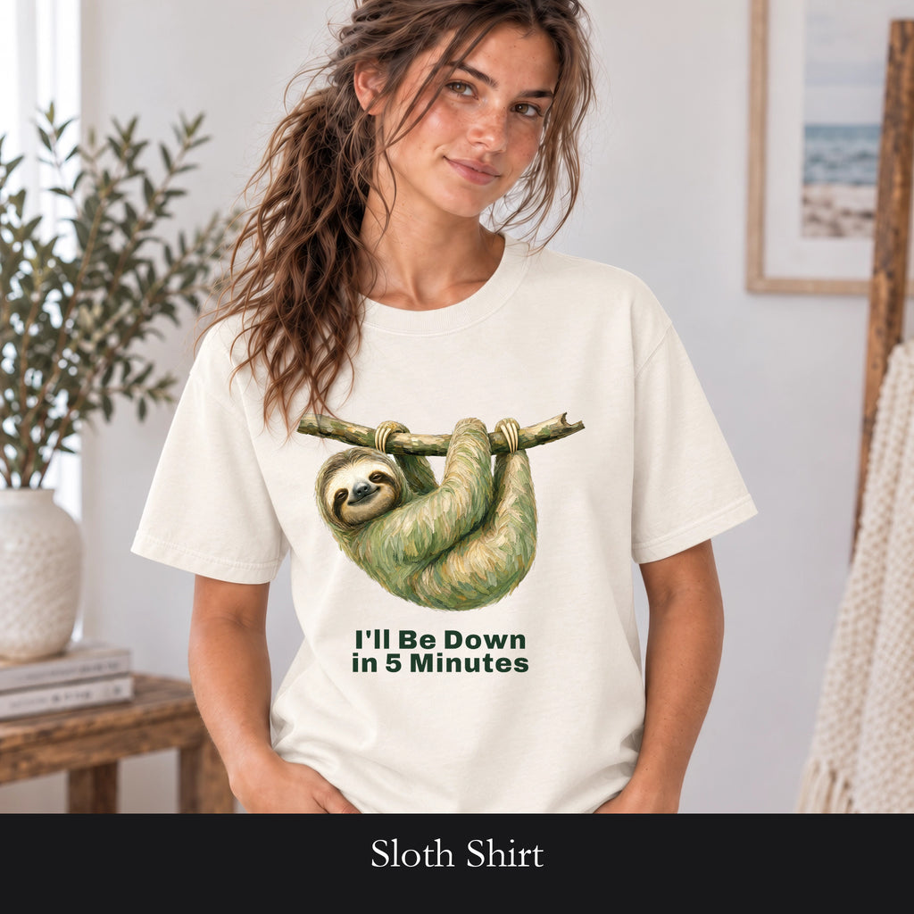 Sloth Shirt, I'll Be Down in 5 Minutes Tee, Funny Lazy Sloth Gift, Painterly Introvert Sweatshirt