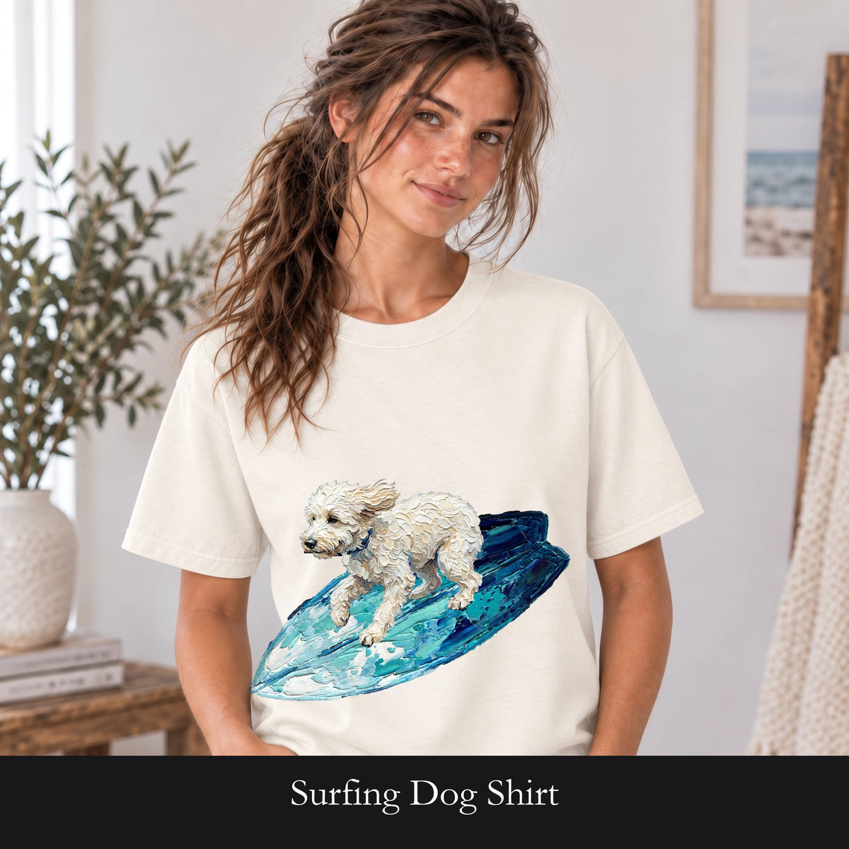 Surfing Dog Shirt, Painterly Surf Dog Tee, Beach Coastal Dog Lover Gift, Summer Ocean Dog Mom Sweatshirt