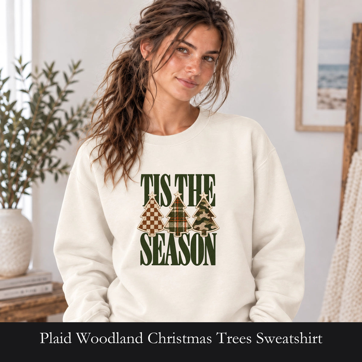 Plaid Woodland Christmas Trees Sweatshirt | Holiday Tree Trio Crewneck