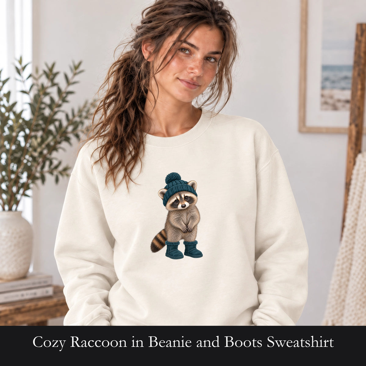 Cozy Raccoon in Beanie and Boots Sweatshirt | Cute Woodland Animal Crewneck