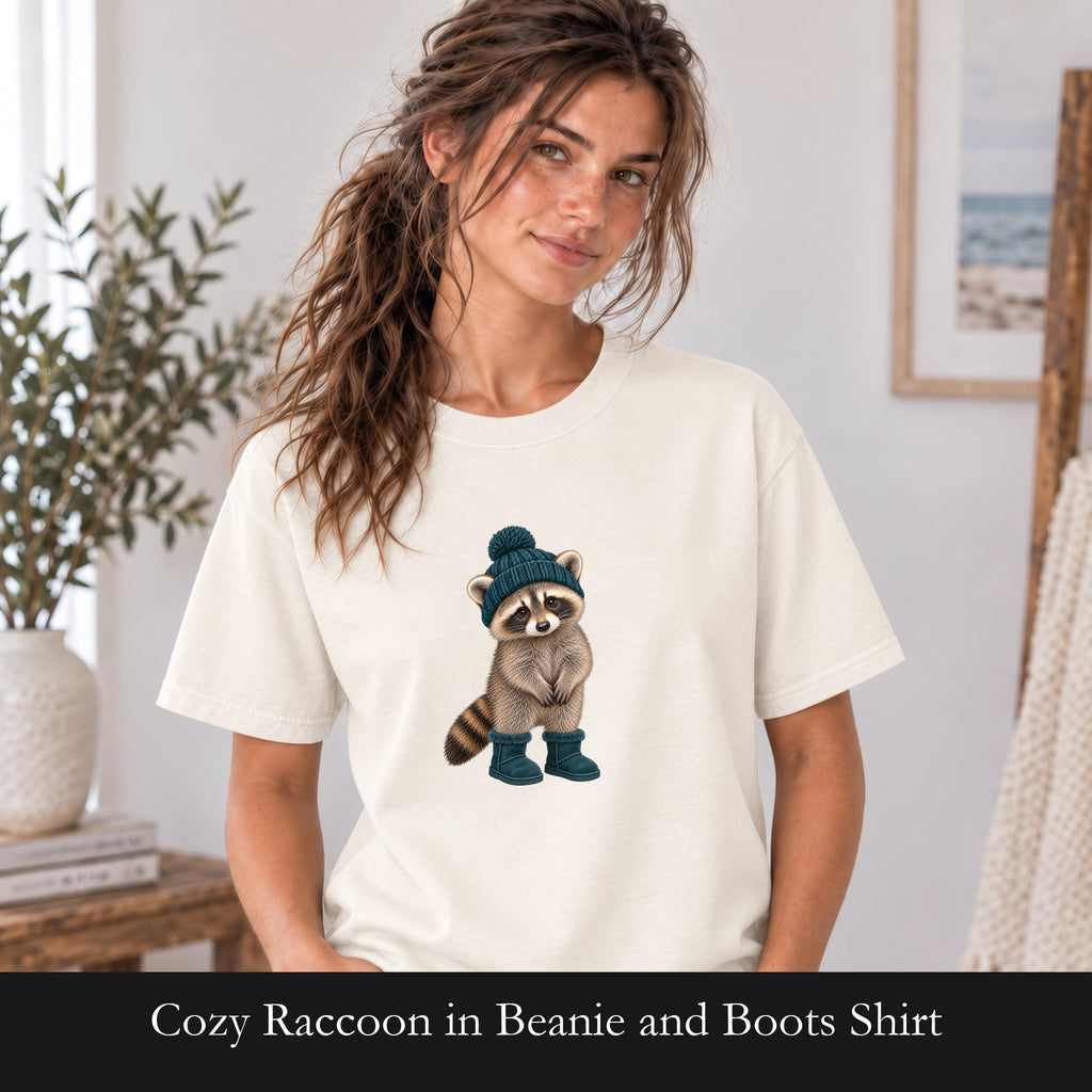 Cozy Raccoon in Beanie and Boots Shirt | Cute Woodland Animal Tee
