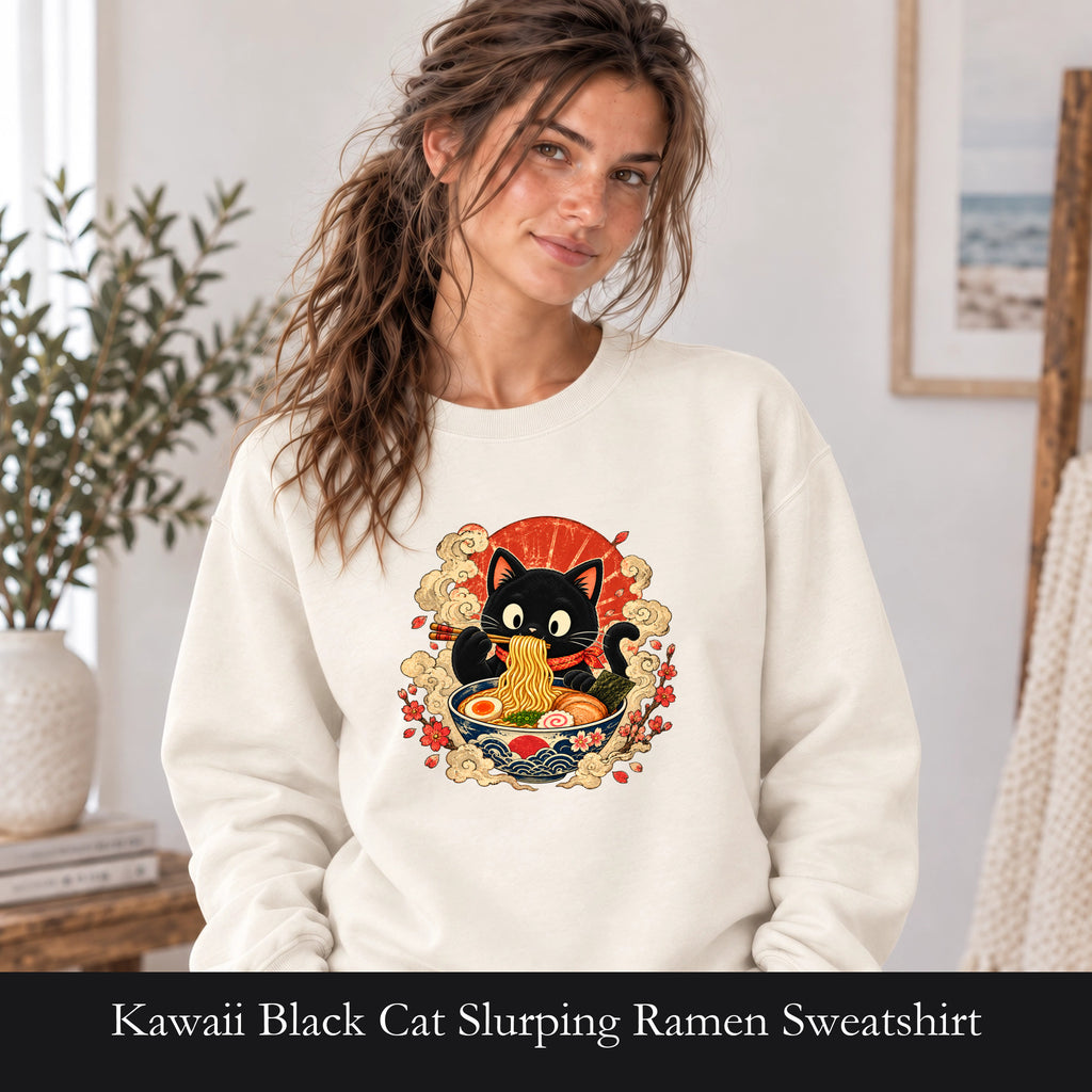Kawaii Black Cat Slurping Ramen Sweatshirt | Japanese Noodles, Retro Floral