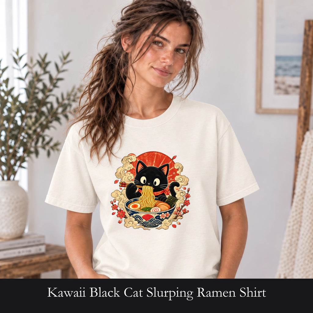 Kawaii Black Cat Slurping Ramen Shirt | Japanese Noodles, Retro Floral