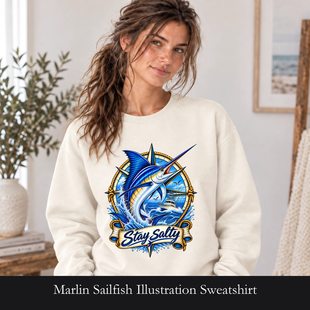Marlin Sailfish Illustration Sweatshirt | Stay salty Fishing Design