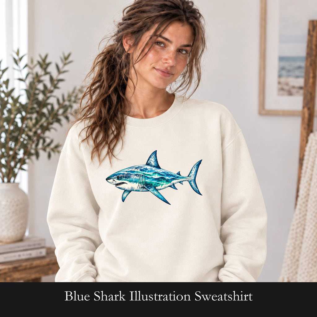 Blue Shark Illustration Sweatshirt | Ocean Marine Art Crewneck
