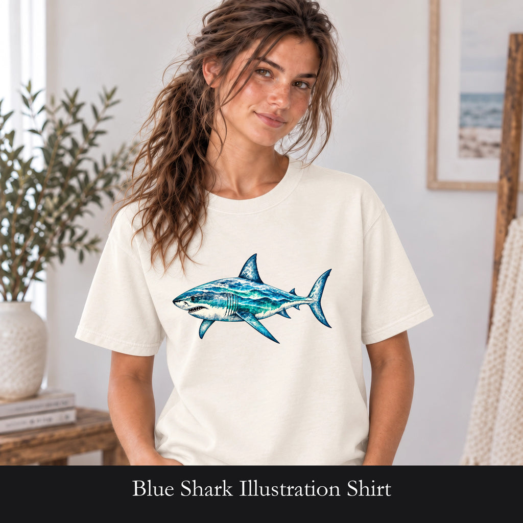 Blue Shark Illustration Shirt | Ocean Marine Art Tee