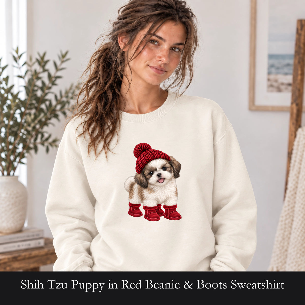 Shih Tzu Puppy in Red Beanie & Boots Sweatshirt | Cute Dog Crewneck